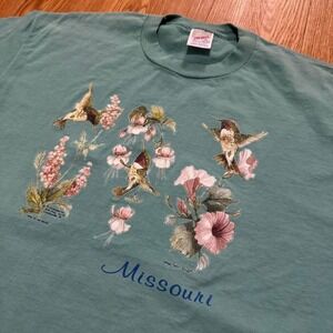 Vintage Men's Shirt Hummingbird Nature Wildlife Turquoise 90s Floral Size XL‎